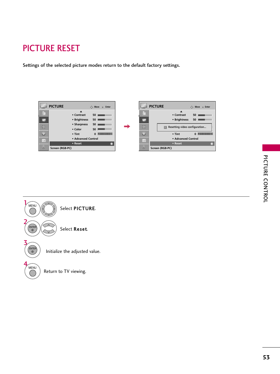 Picture reset, Picture contr ol, Return to tv viewing | LG 42PG20 User Manual | Page 55 / 100
