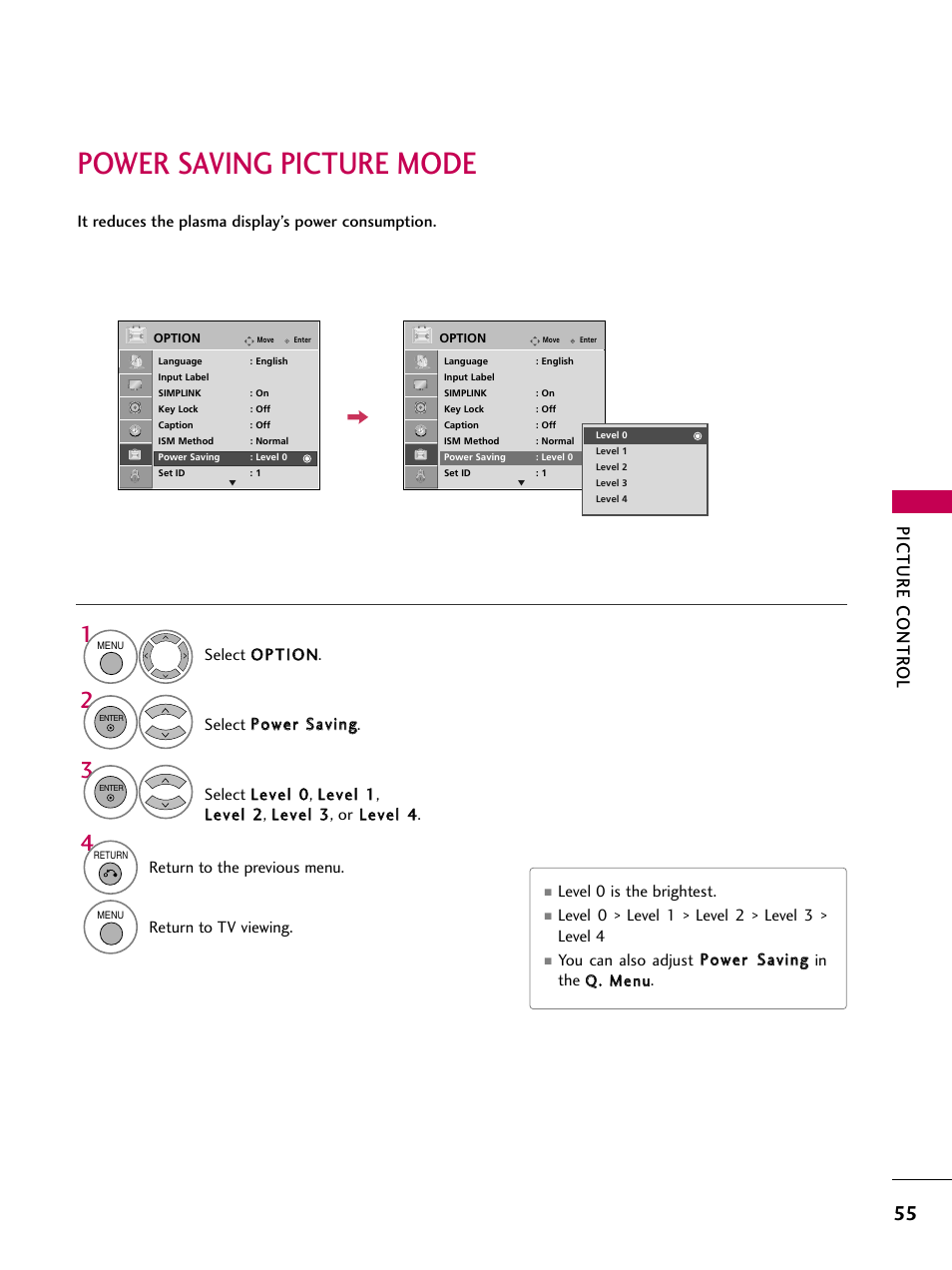 Power saving picture mode, Picture contr ol | LG 42PG20 User Manual | Page 57 / 100