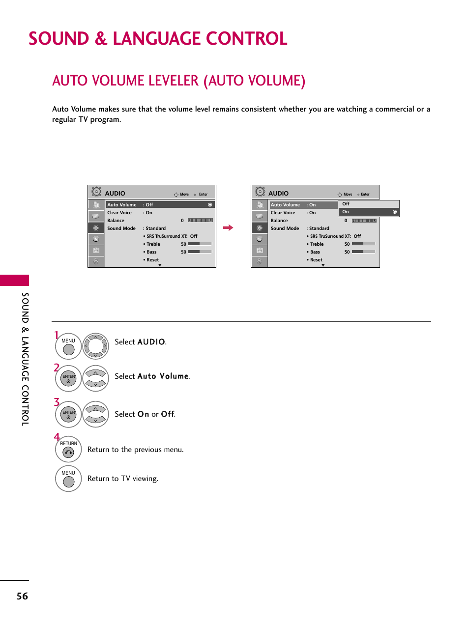 Sound & language control, Auto volume leveler (auto volume), Sound & langu a ge contr ol | LG 42PG20 User Manual | Page 58 / 100