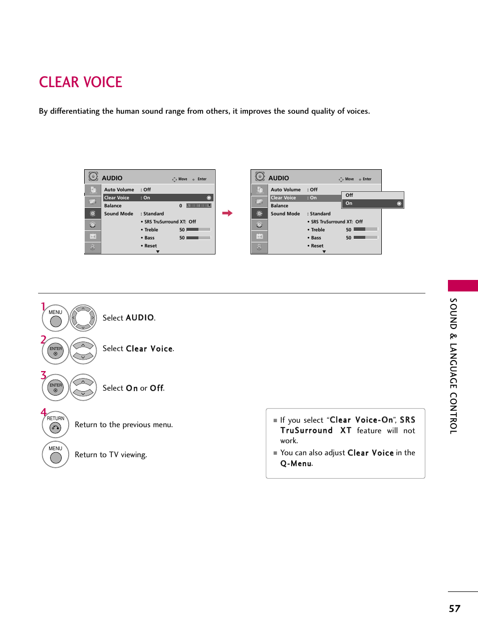Clear voice, Sound & langu a ge contr ol | LG 42PG20 User Manual | Page 59 / 100