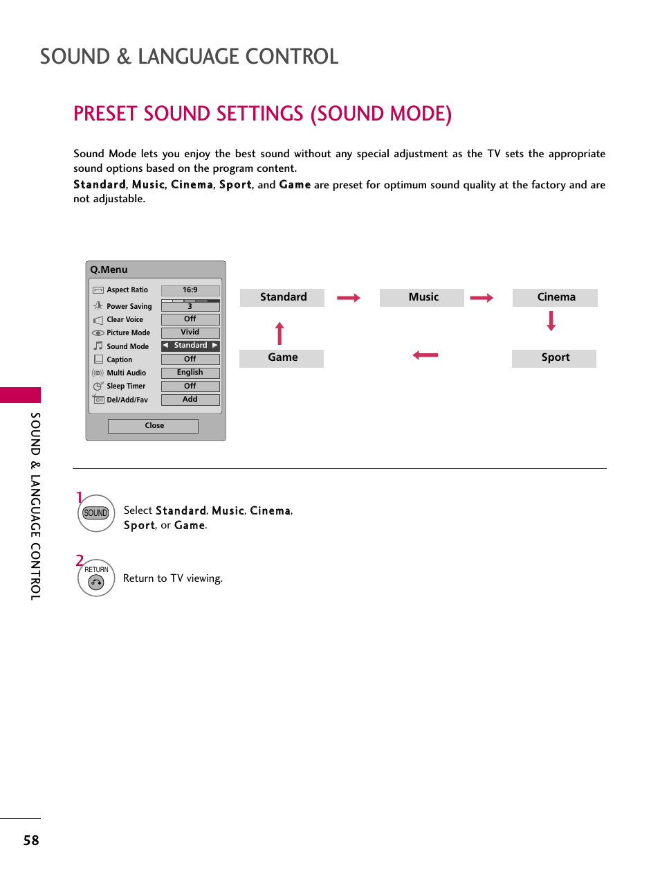 Preset sound settings (sound mode), Sound & language control, Sound & langu a ge contr ol | LG 42PG20 User Manual | Page 60 / 100