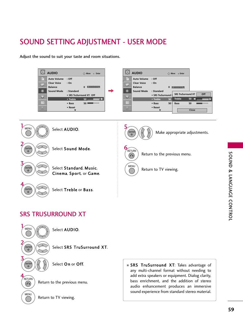 Sound setting adjustment - user mode, Srs trusurround xt, Sound & langu a ge contr ol | LG 42PG20 User Manual | Page 61 / 100