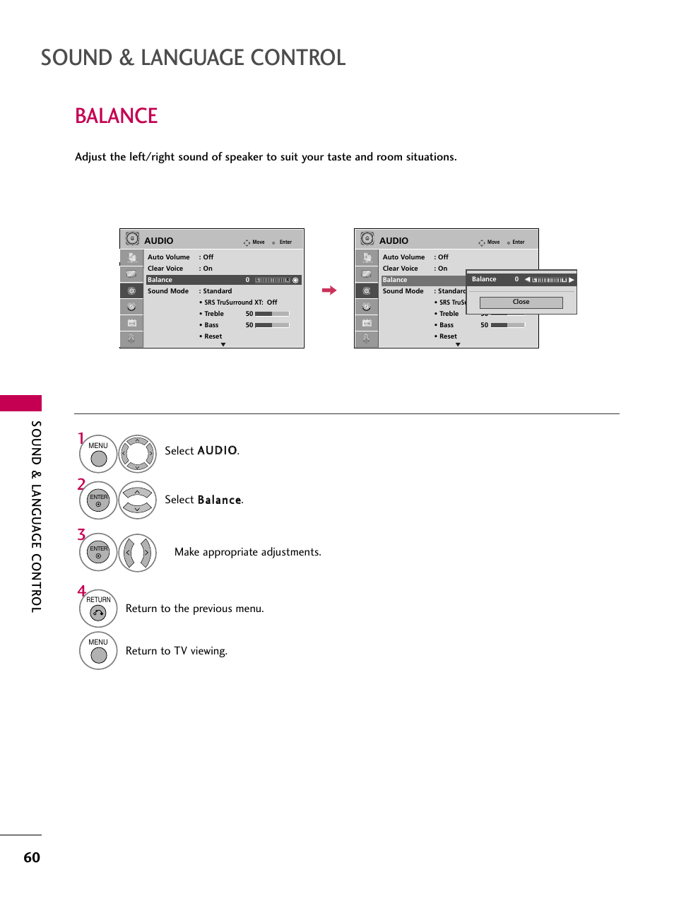 Balance, Sound & language control, Sound & langu a ge contr ol | Return to the previous menu, Return to tv viewing | LG 42PG20 User Manual | Page 62 / 100