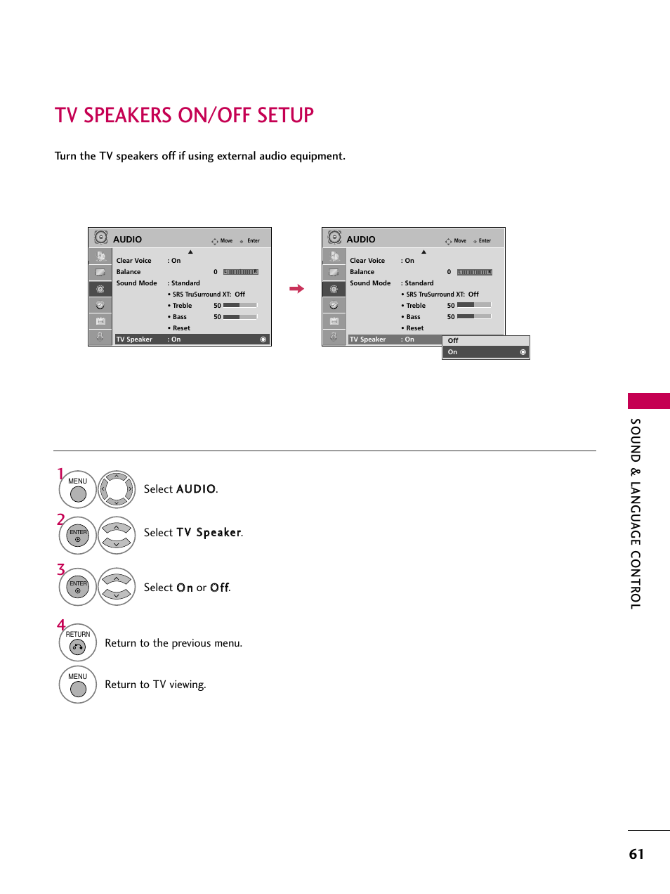 Tv speakers on/off setup, Sound & langu a ge contr ol, Return to the previous menu | Return to tv viewing | LG 42PG20 User Manual | Page 63 / 100