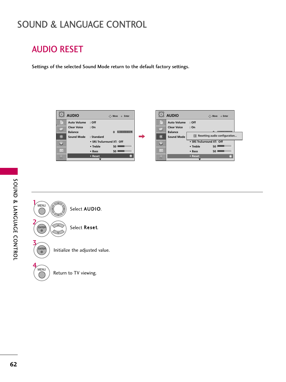 Audio reset, Sound & language control, Sound & langu a ge contr ol | Initialize the adjusted value, Return to tv viewing | LG 42PG20 User Manual | Page 64 / 100