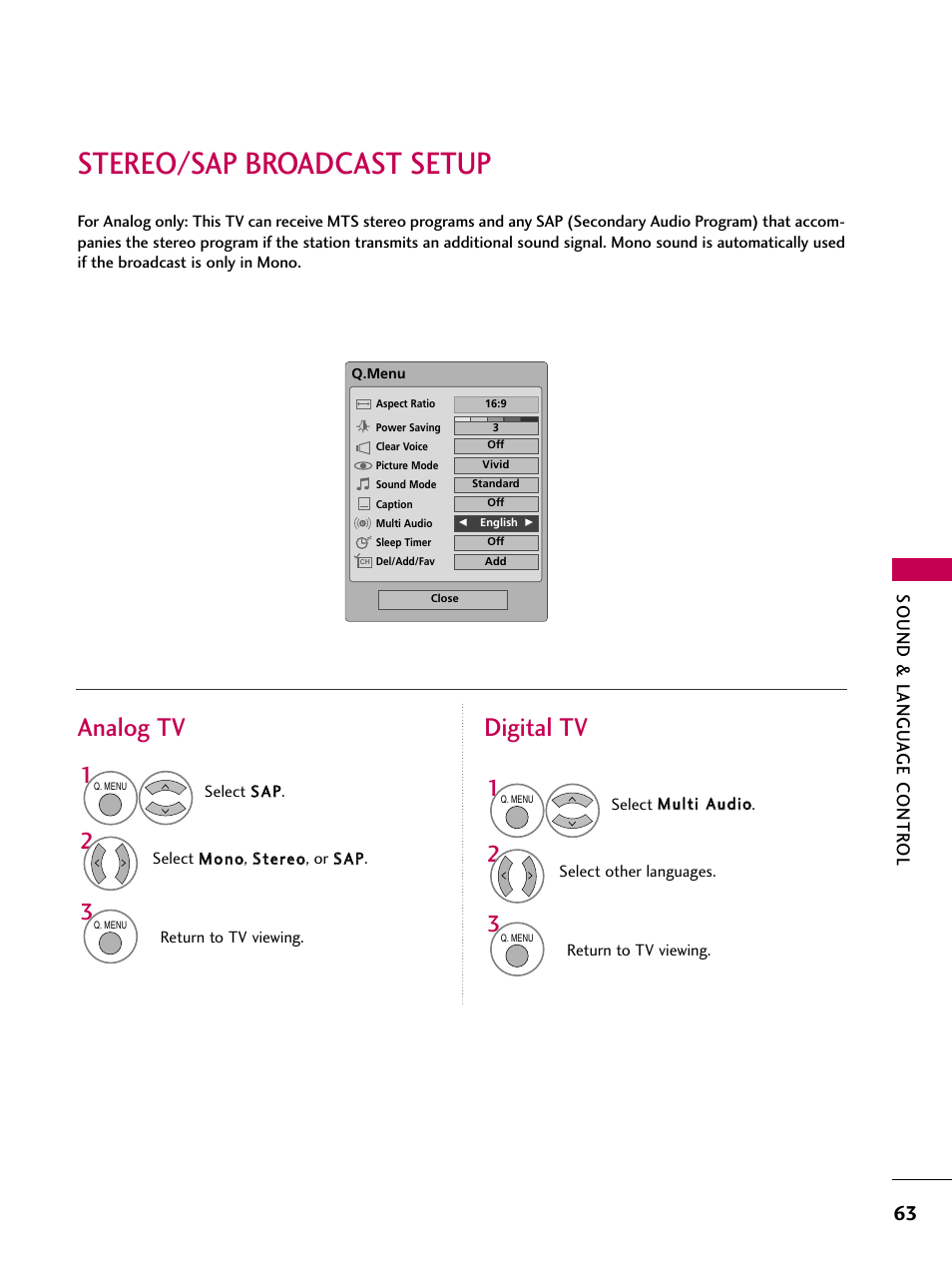 Stereo/sap broadcast setup, Analog tv digital tv, Sound & langu a ge contr ol | LG 42PG20 User Manual | Page 65 / 100