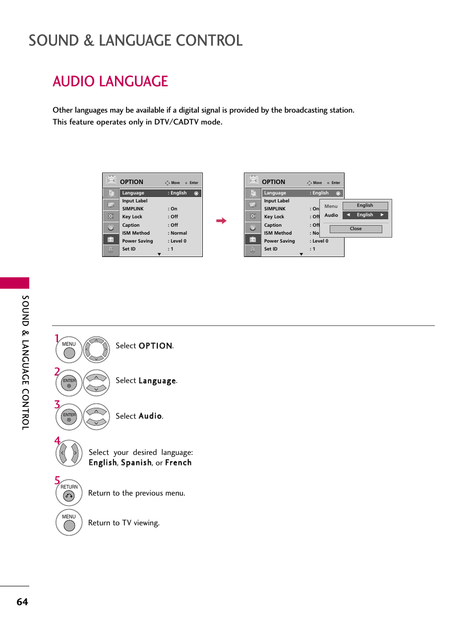 Audio language, Sound & language control, Sound & langu a ge contr ol | Return to the previous menu, Return to tv viewing | LG 42PG20 User Manual | Page 66 / 100