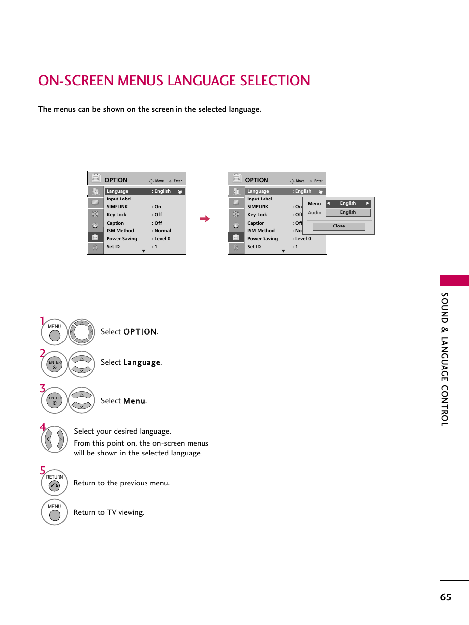 On-screen menus language selection, Sound & langu a ge contr ol, Return to the previous menu | Return to tv viewing | LG 42PG20 User Manual | Page 67 / 100