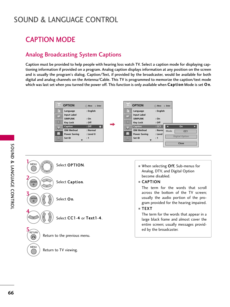 Caption mode, Analog broadcasting system captions, Sound & language control | Sound & langu a ge contr ol | LG 42PG20 User Manual | Page 68 / 100
