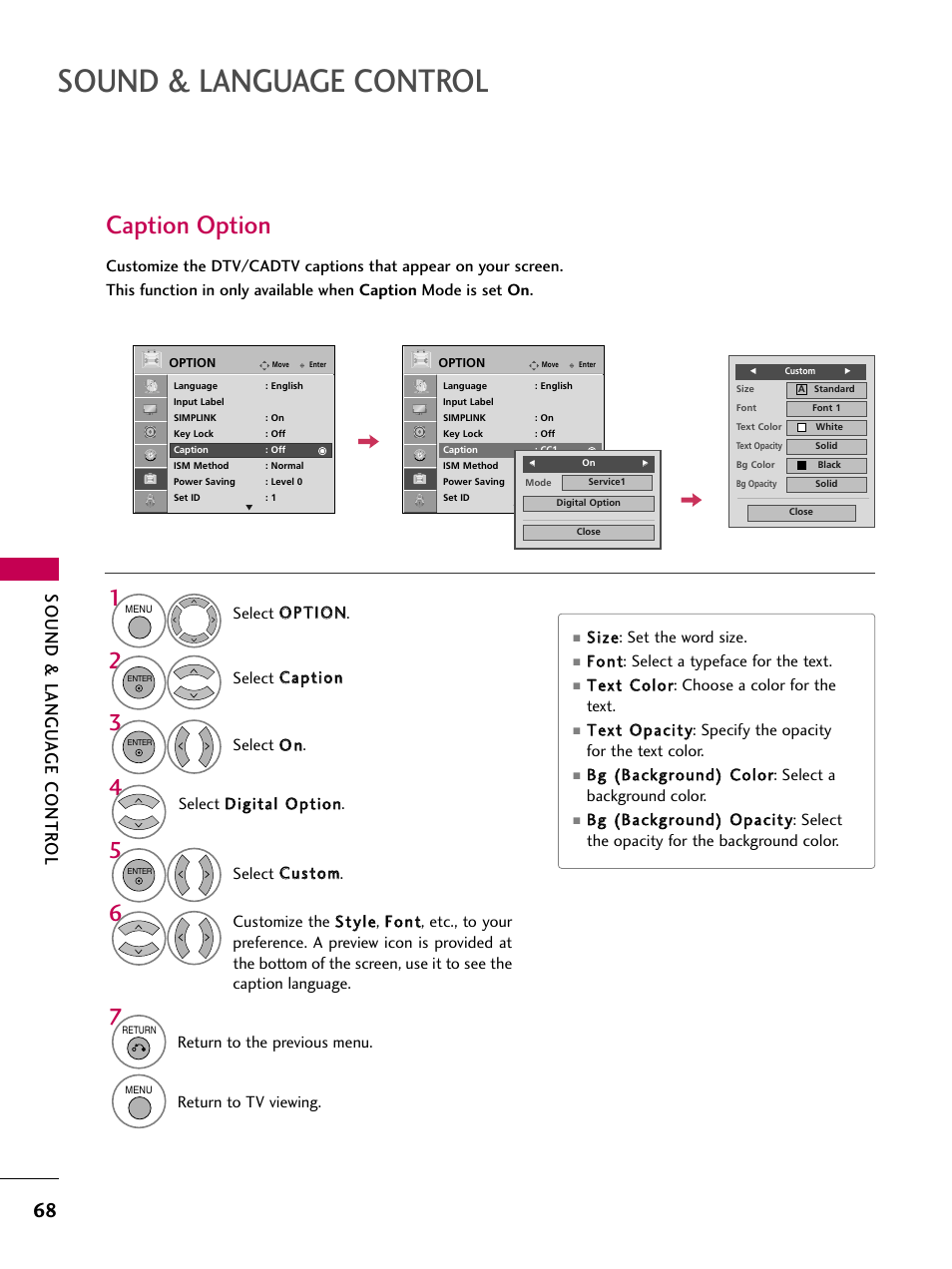 Caption option, Sound & language control, Sound & langu a ge contr ol | LG 42PG20 User Manual | Page 70 / 100