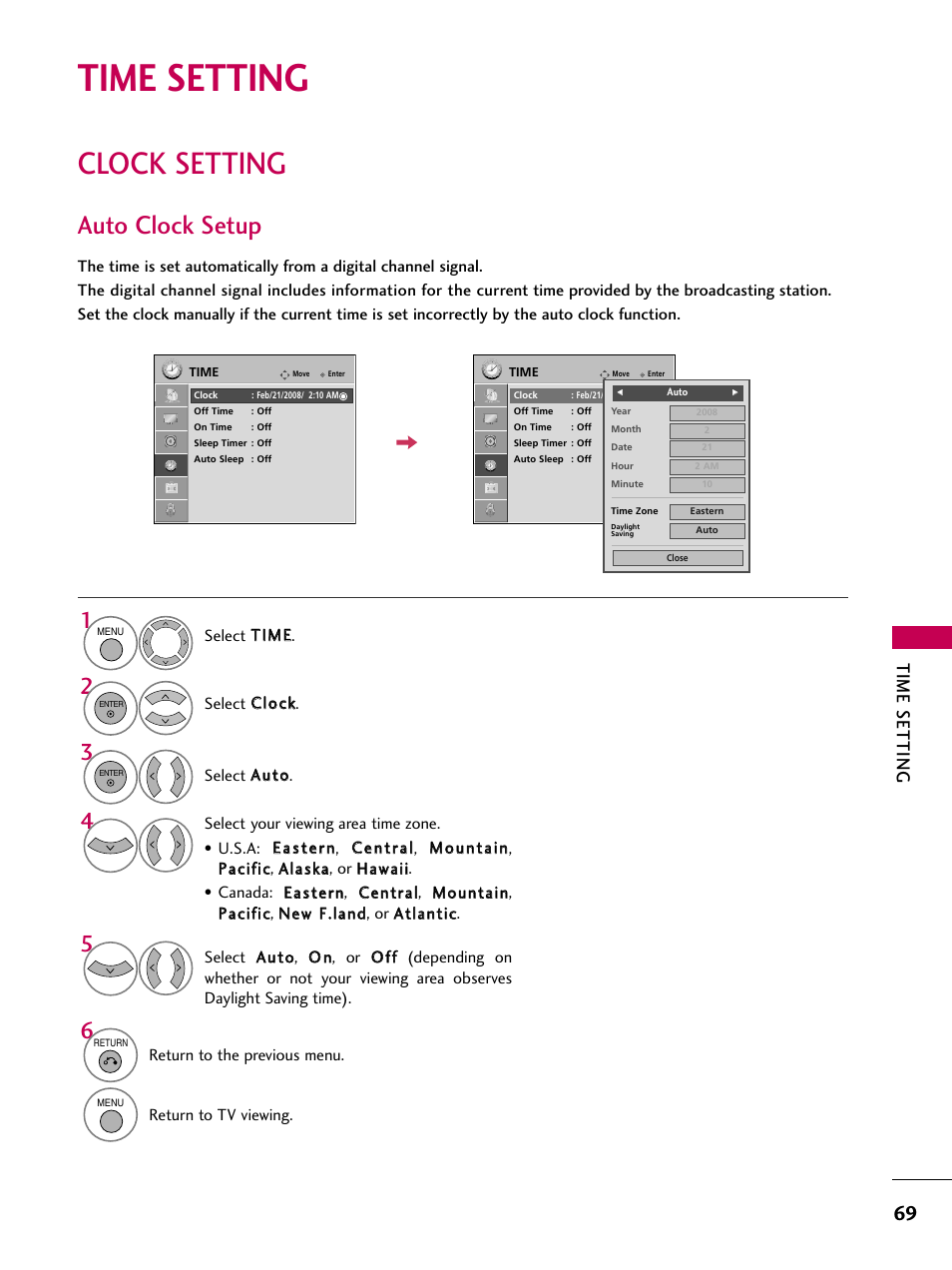 Time setting, Clock setting, Auto clock setup | LG 42PG20 User Manual | Page 71 / 100