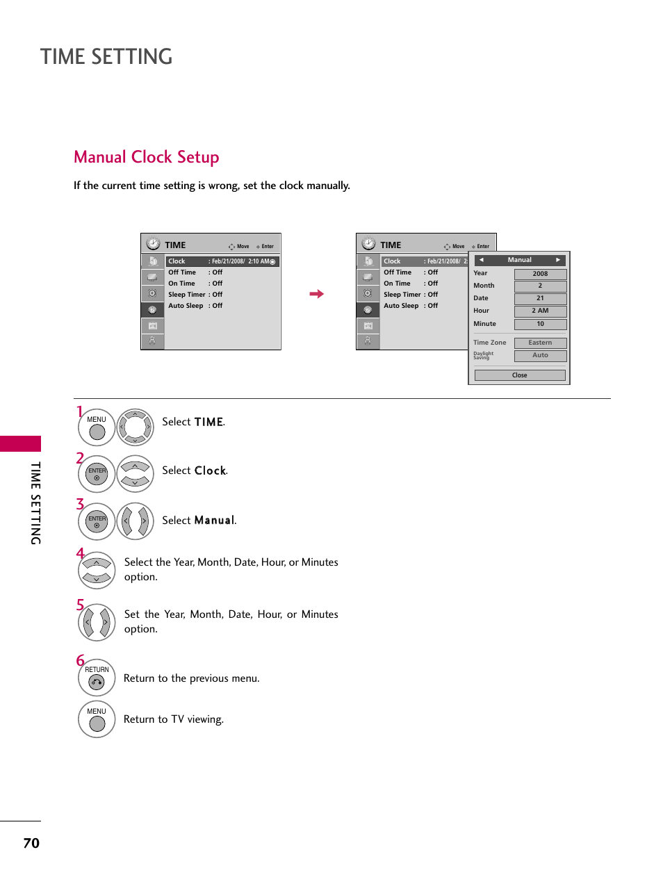 Manual clock setup, Time setting, Set the year, month, date, hour, or minutes option | Return to the previous menu, Return to tv viewing | LG 42PG20 User Manual | Page 72 / 100