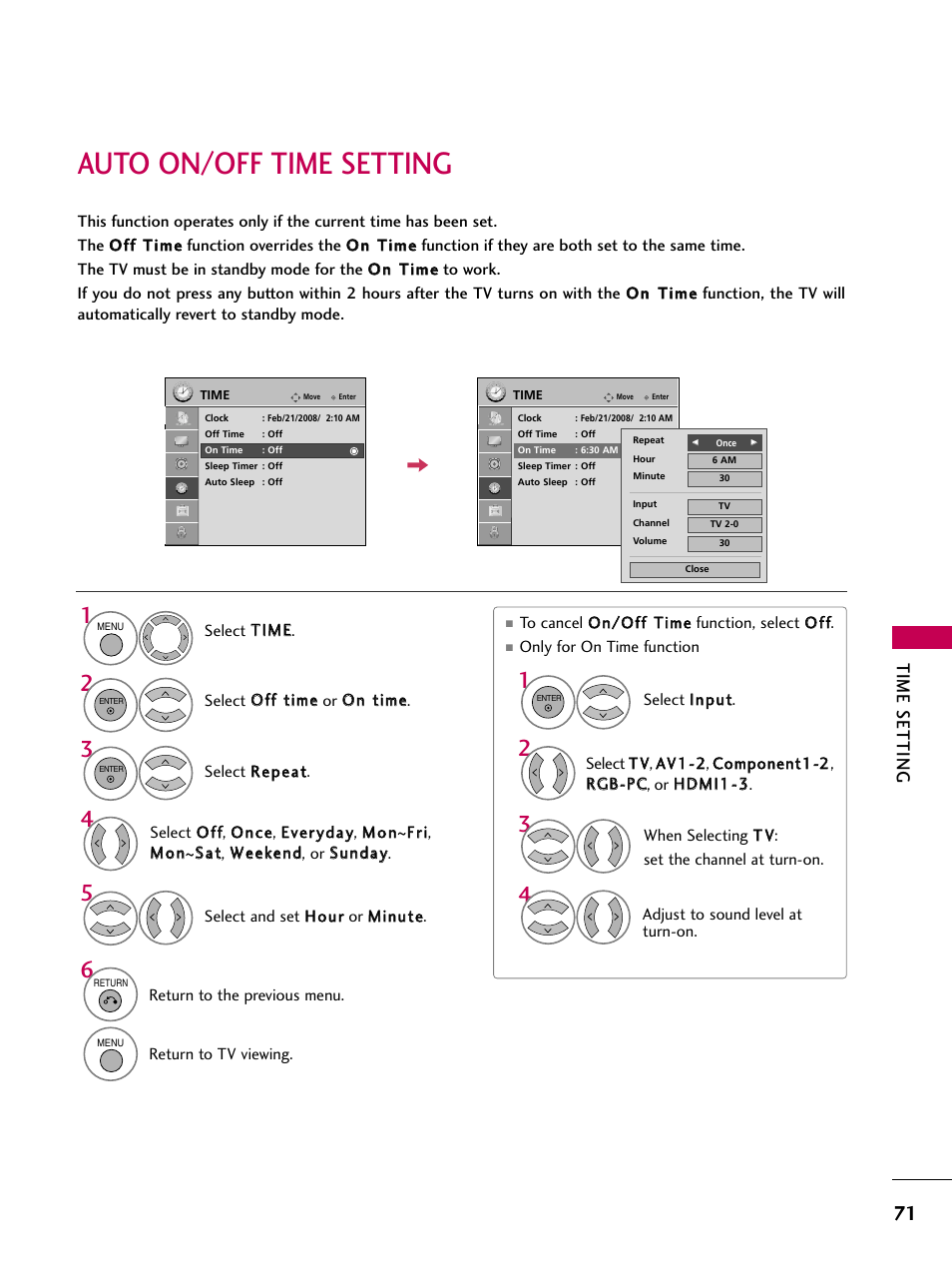 Auto on/off time setting, Time setting | LG 42PG20 User Manual | Page 73 / 100