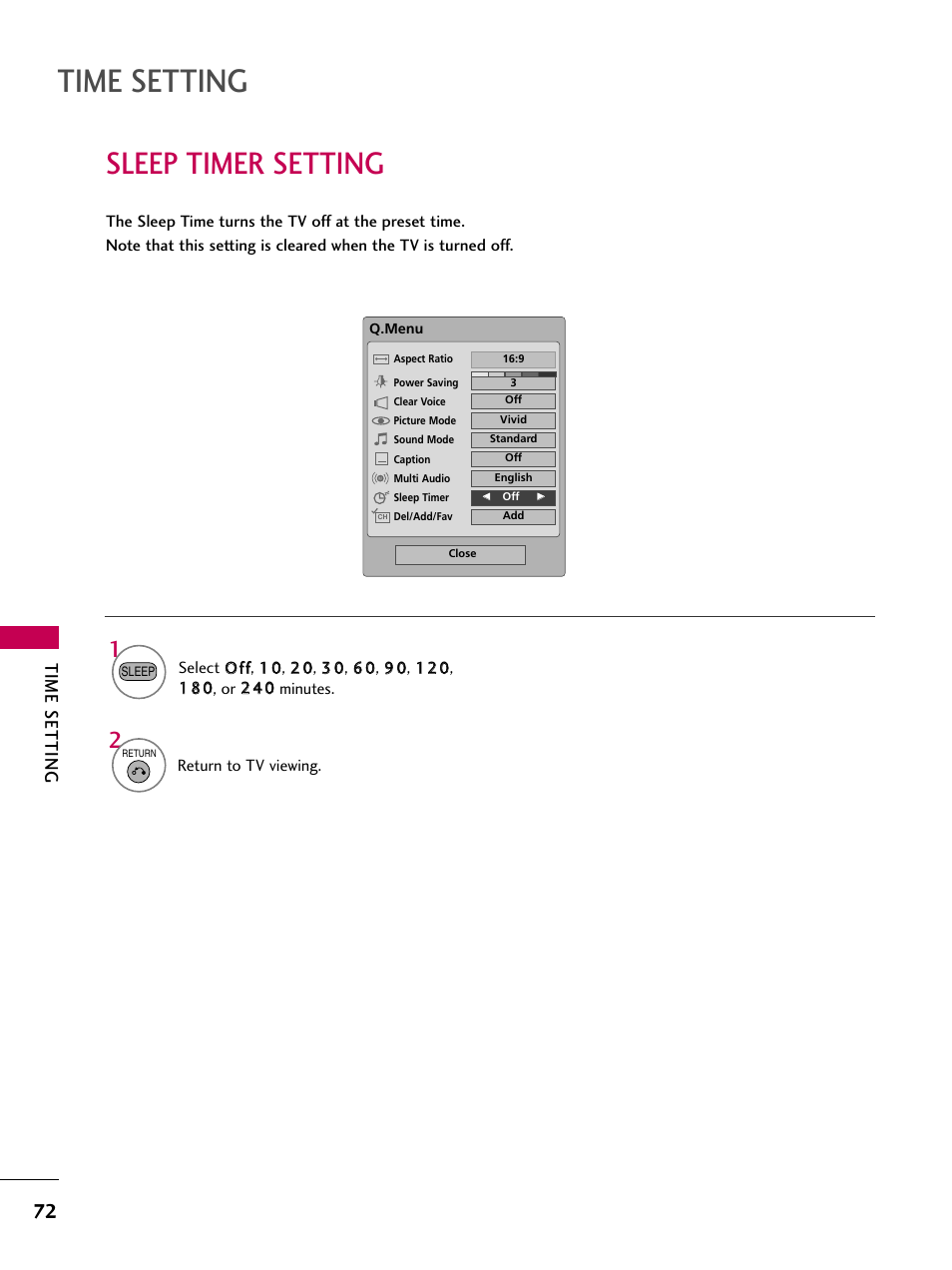 Sleep timer setting, Time setting | LG 42PG20 User Manual | Page 74 / 100