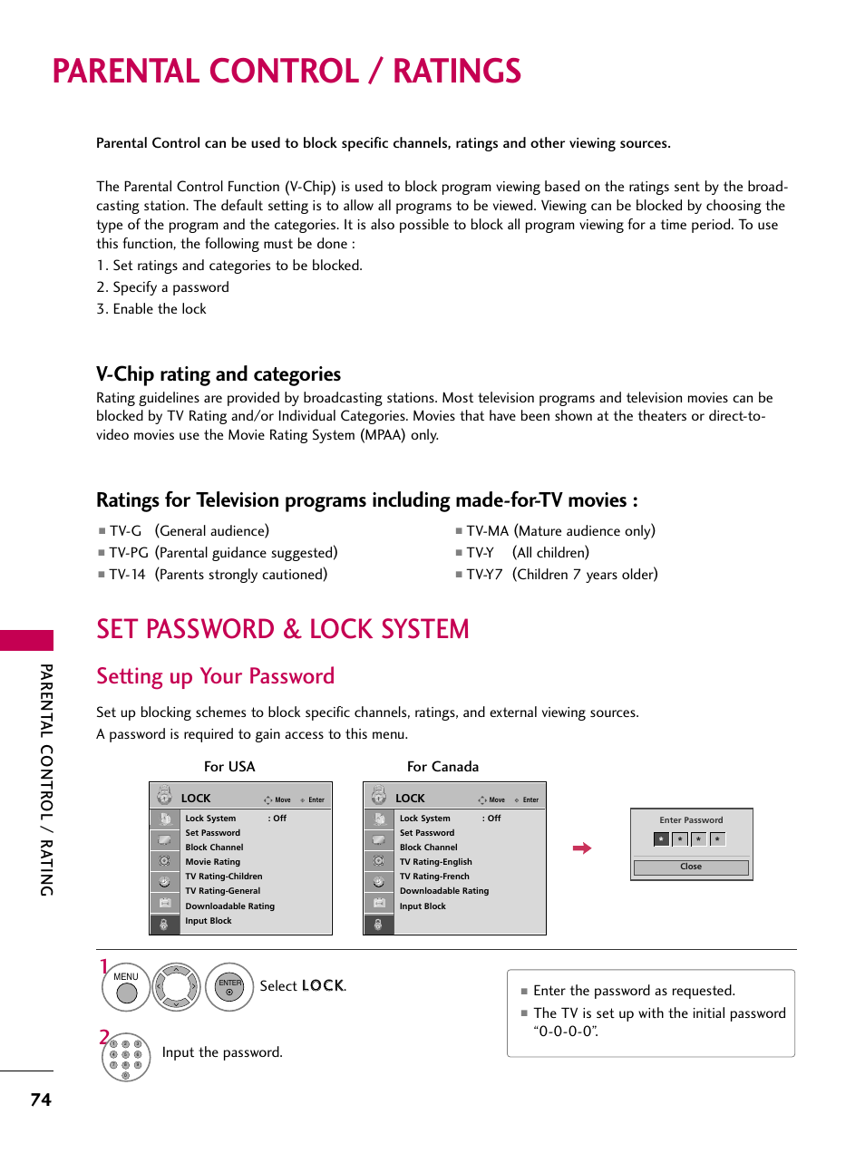 Parental control / ratings, Set password & lock system, Setting up your password | V-chip rating and categories, Parent al contr ol / r ating | LG 42PG20 User Manual | Page 76 / 100