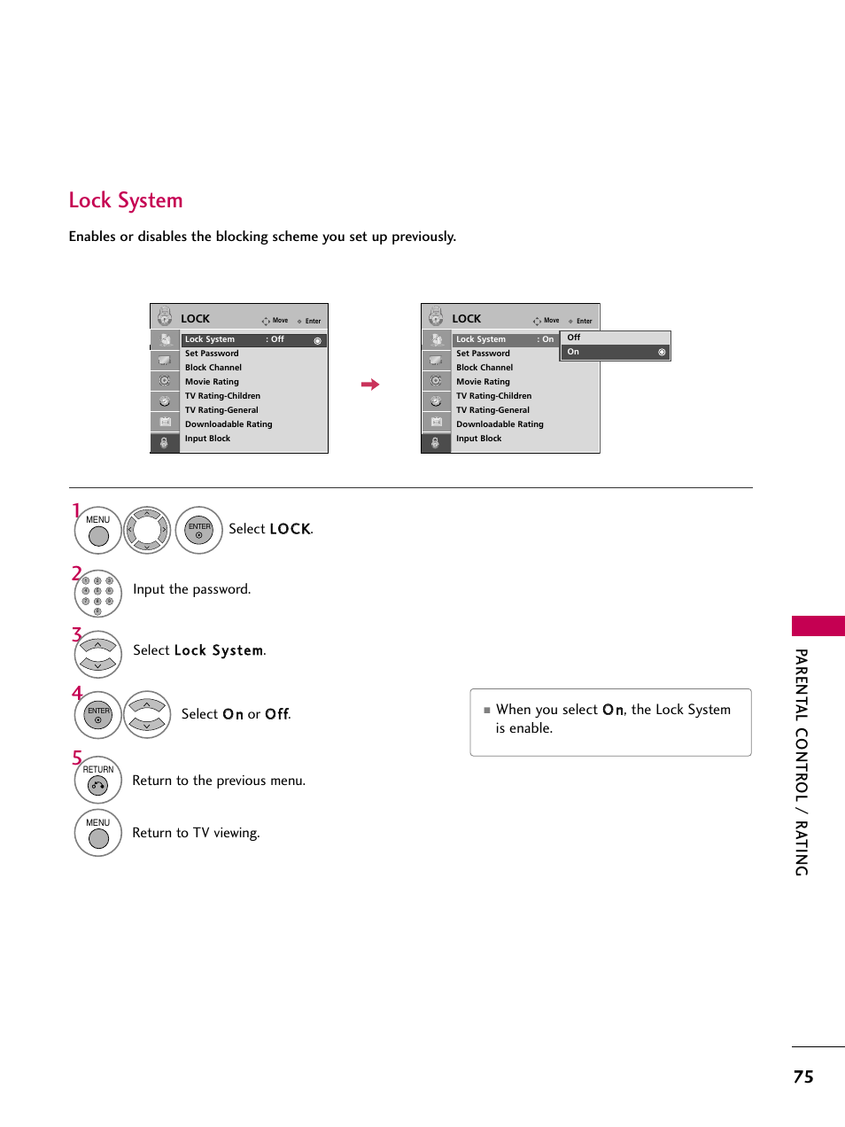 Lock system, Parent al contr ol / r ating, When you select o o nn, the lock system is enable | Select llo oc ck k, Input the password, Return to the previous menu, Return to tv viewing | LG 42PG20 User Manual | Page 77 / 100