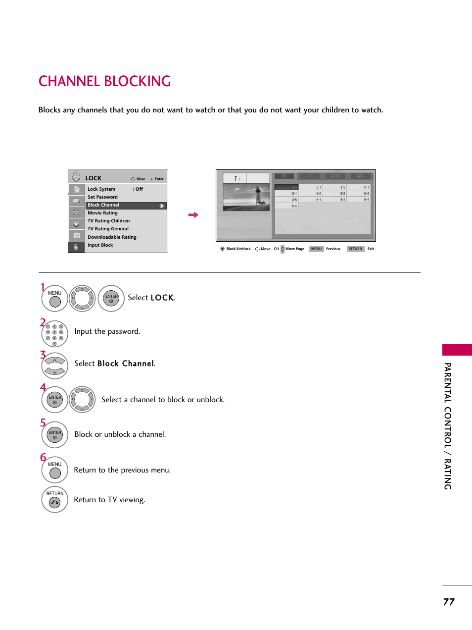 Channel blocking, Parent al contr ol / r ating | LG 42PG20 User Manual | Page 79 / 100