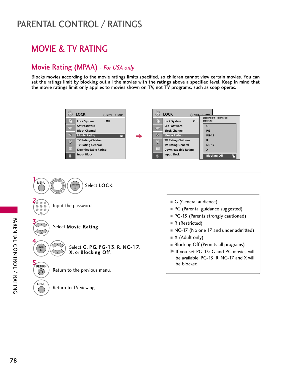 Movie & tv rating, Movie rating (mpaa) - for usa only, Parental control / ratings | Movie rating (mpaa), For usa only, Parent al contr ol / r ating | LG 42PG20 User Manual | Page 80 / 100