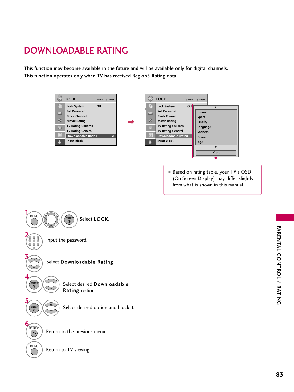 Downloadable rating, Parent al contr ol / r ating | LG 42PG20 User Manual | Page 85 / 100