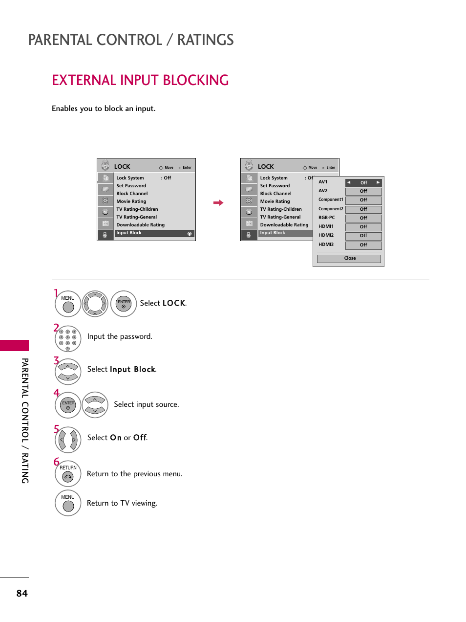 External input blocking, Parental control / ratings, Parent al contr ol / r ating | Select o o nn or o o ff ff, Select llo oc ck k, Input the password, Return to the previous menu, Return to tv viewing | LG 42PG20 User Manual | Page 86 / 100