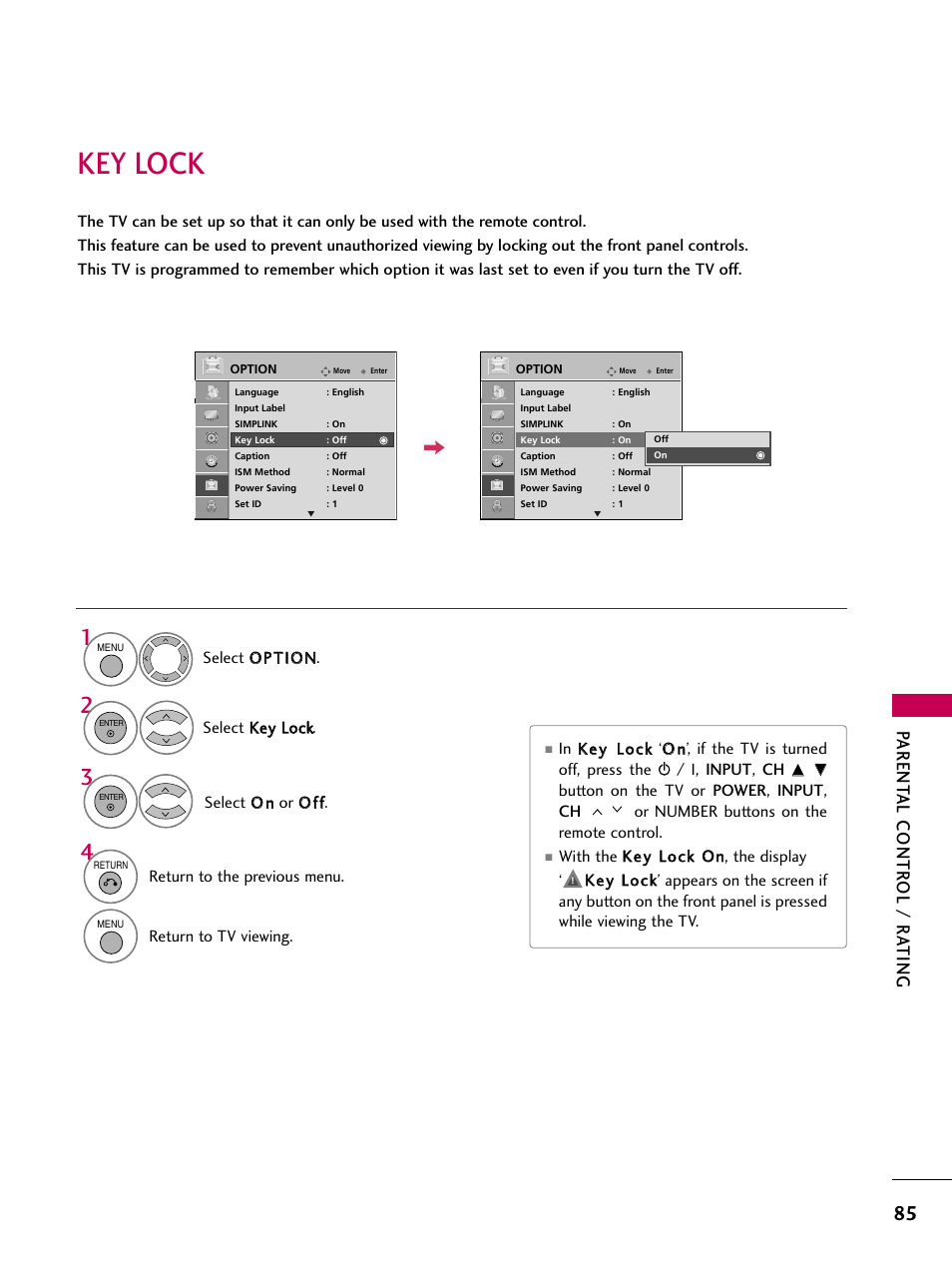 Key lock, Parent al contr ol / r ating | LG 42PG20 User Manual | Page 87 / 100