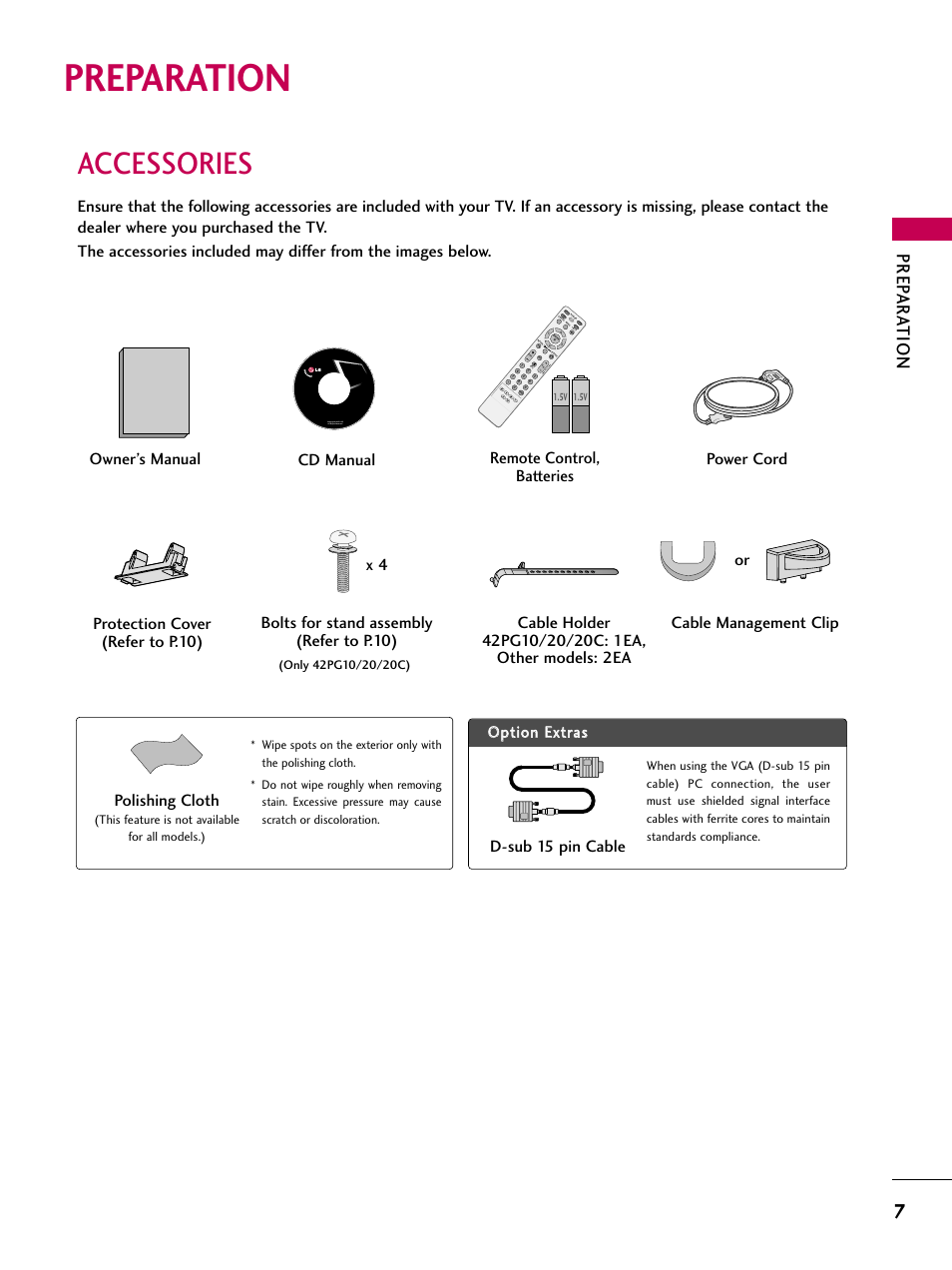 Preparation, Accessories, Prep ar ation | Cd manual, Polishing cloth, D-sub 15 pin cable, Copyright© 2007 lge, all rights reserved, Pa g e | LG 42PG20 User Manual | Page 9 / 100