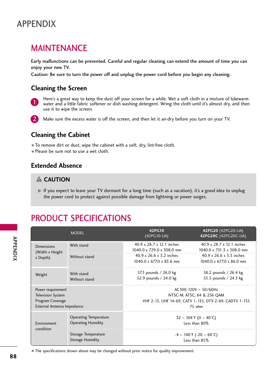 Maintenance, Product specifications, Appendix | Cleaning the screen, Cleaning the cabinet, Extended absence, Caution | LG 42PG20 User Manual | Page 90 / 100