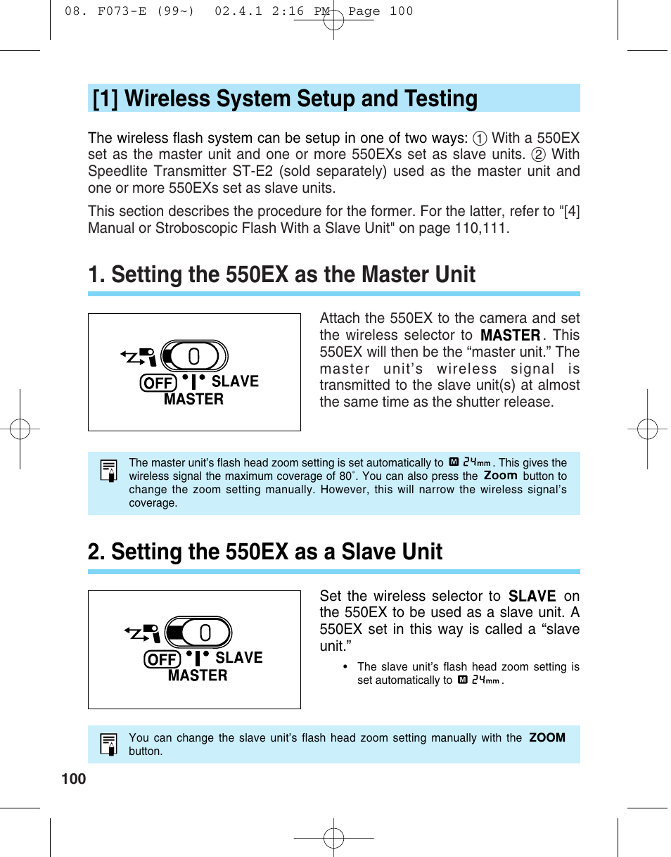 1] wireless system setup and testing, Setting the 550ex as the master unit, Setting the 550ex as a slave unit | Canon 550 EX User Manual | Page 100 / 128