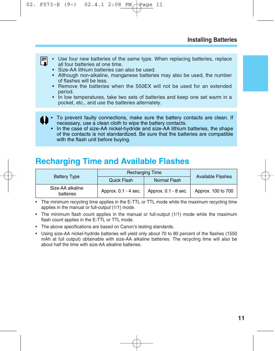 Recharging time and available flashes, Installing batteries | Canon 550 EX User Manual | Page 11 / 128