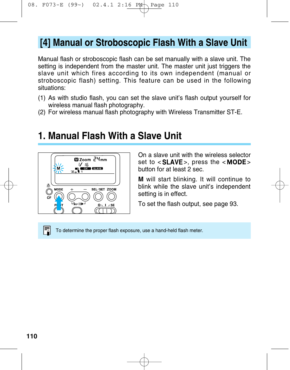 4] manual or stroboscopic flash with a slave unit, Manual flash with a slave unit | Canon 550 EX User Manual | Page 110 / 128