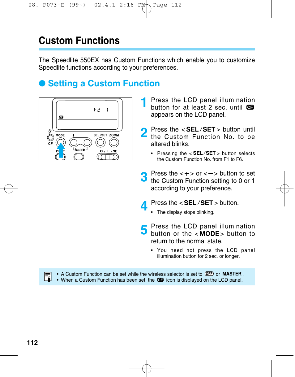 Custom functions, Setting a custom function | Canon 550 EX User Manual | Page 112 / 128