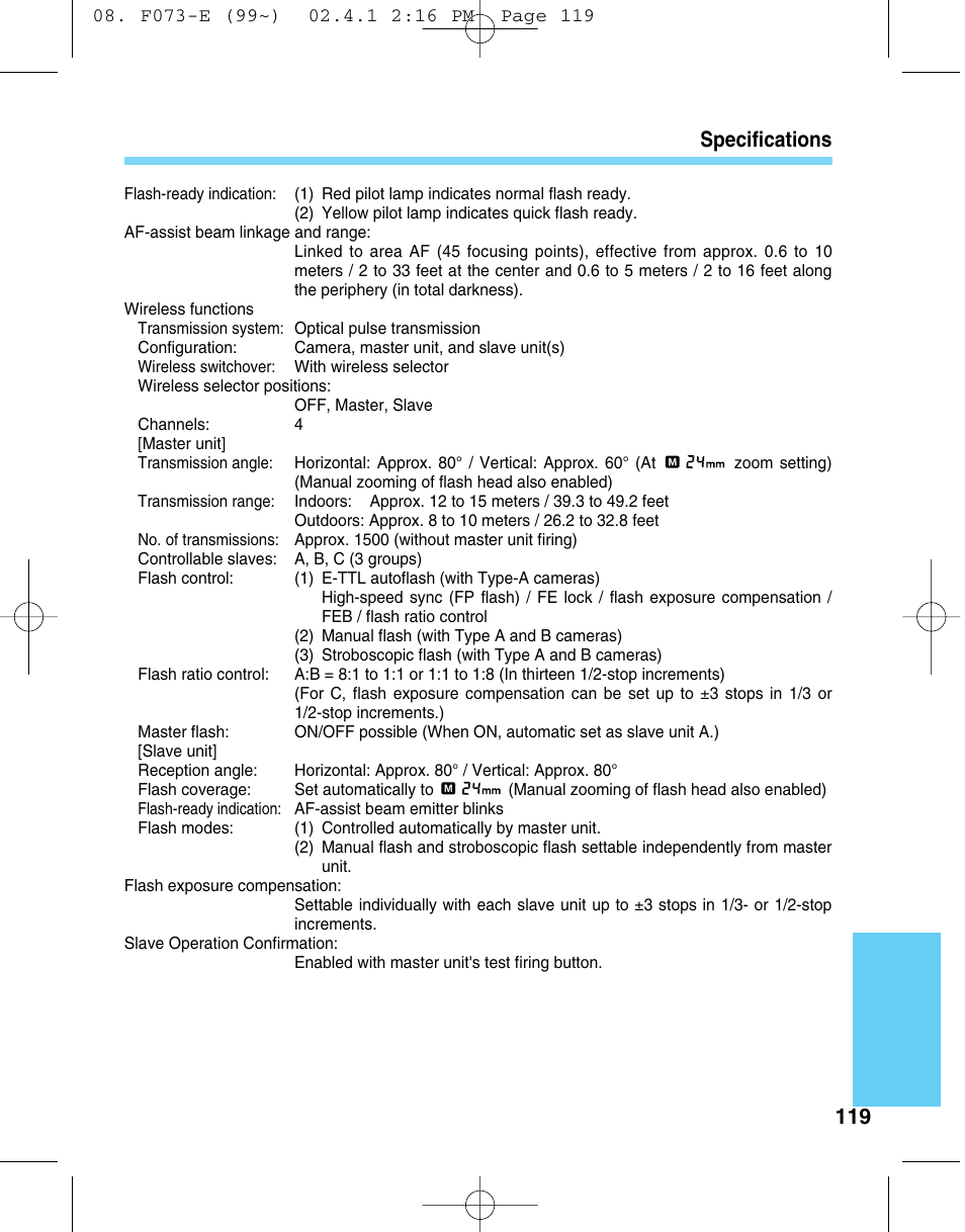 119 specifications | Canon 550 EX User Manual | Page 119 / 128