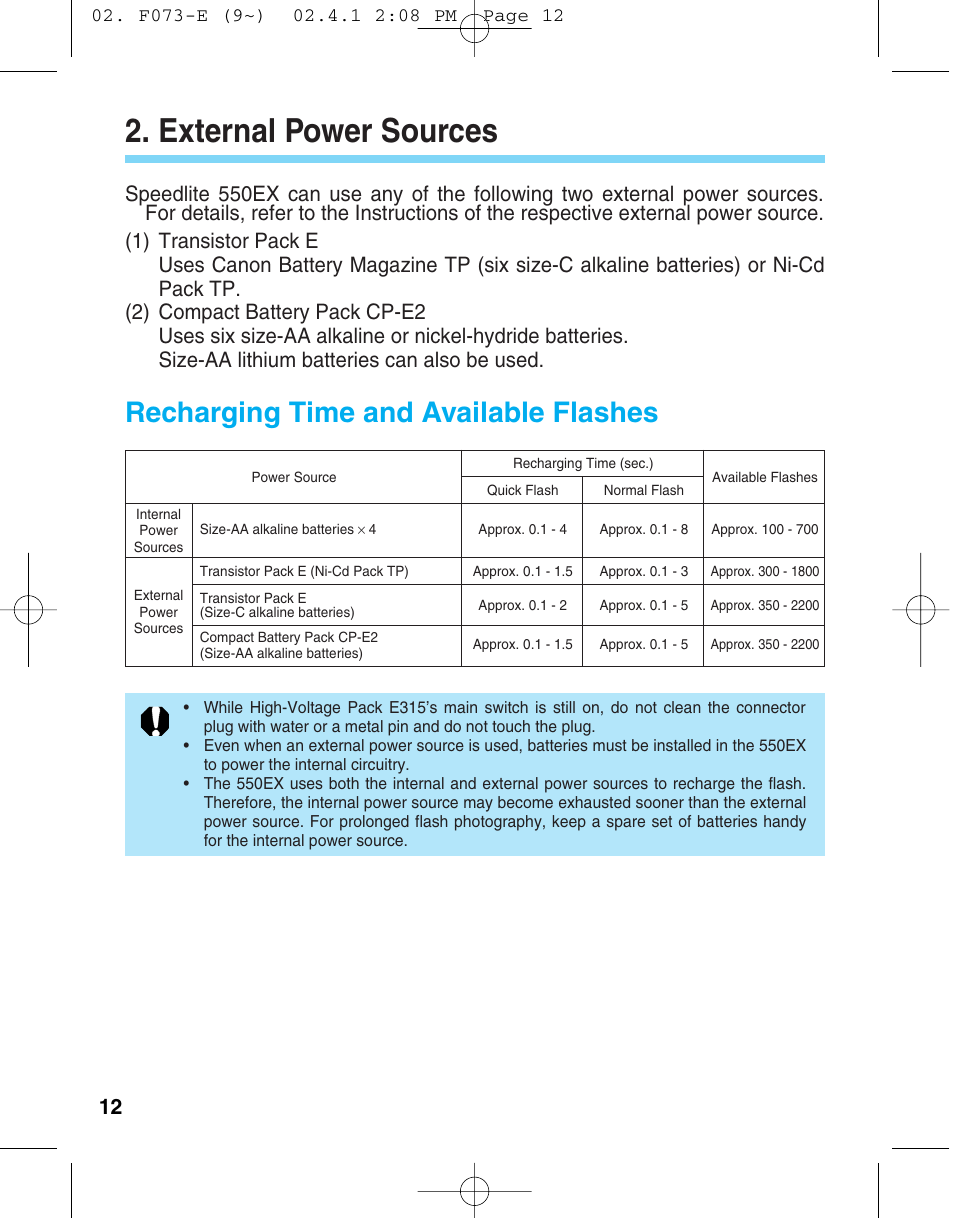 External power sources, Recharging time and available flashes | Canon 550 EX User Manual | Page 12 / 128