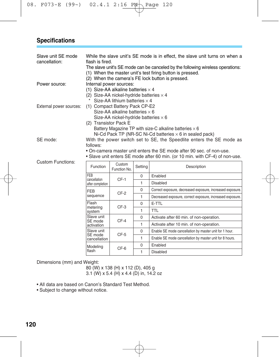 120 specifications | Canon 550 EX User Manual | Page 120 / 128