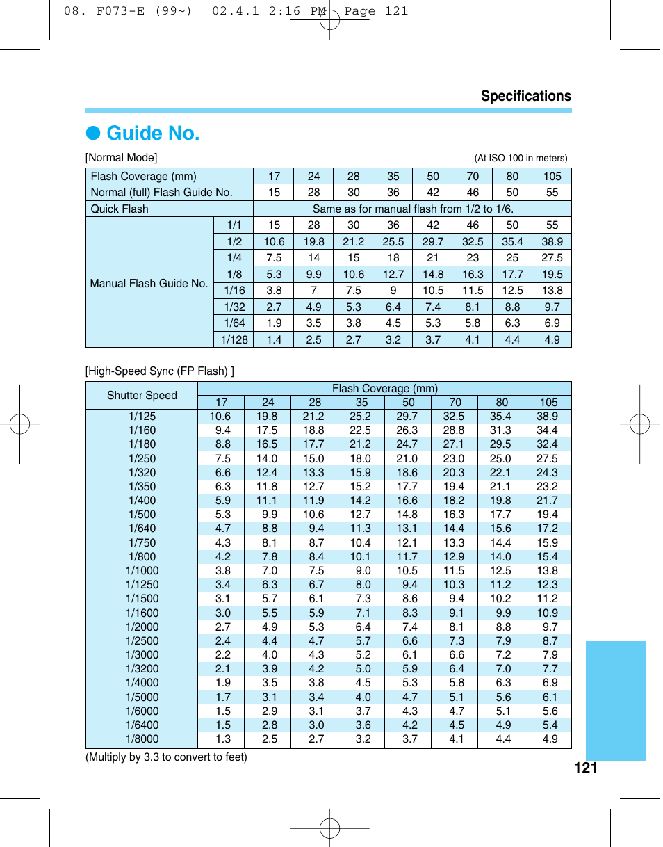 Guide no, 121 specifications | Canon 550 EX User Manual | Page 121 / 128