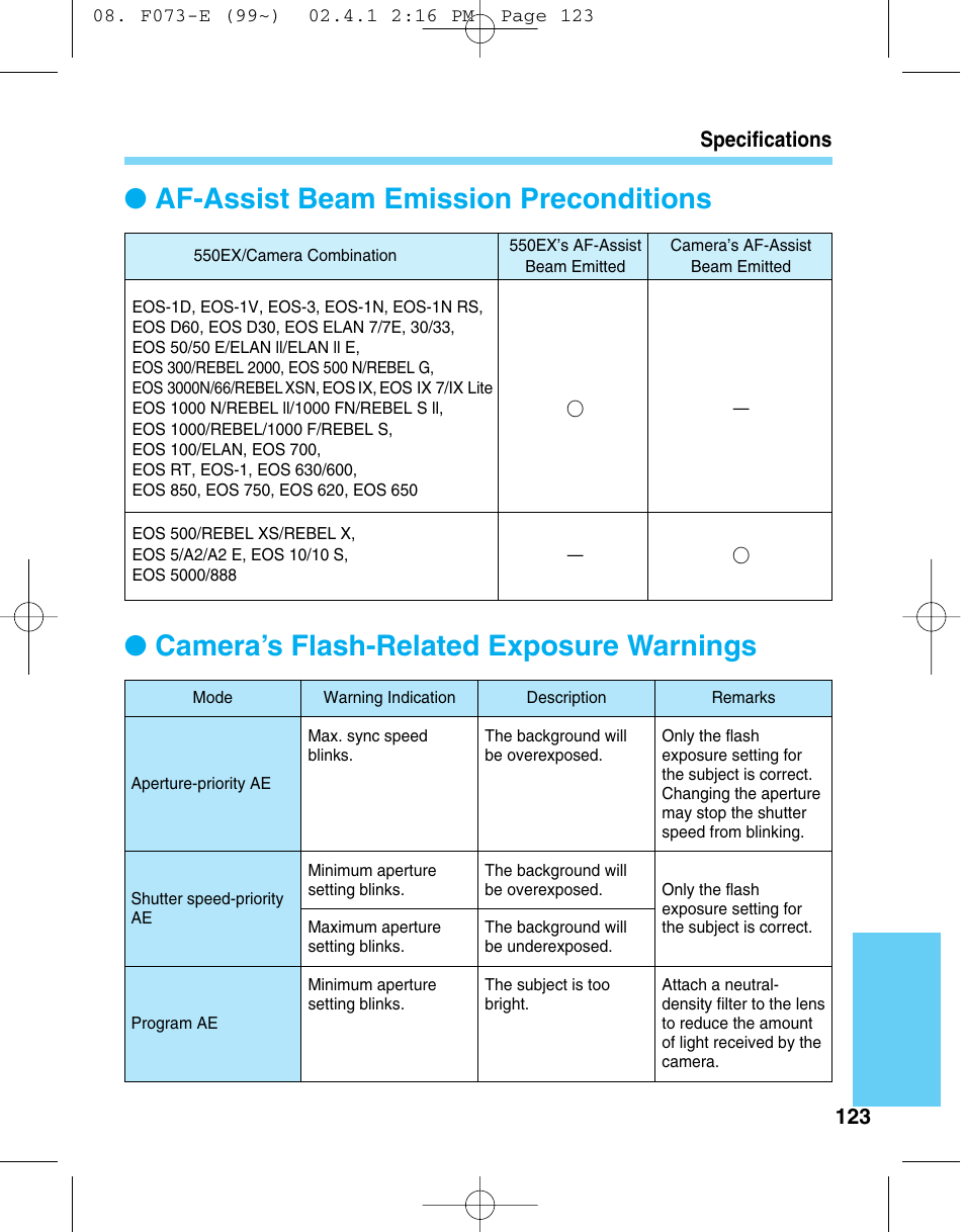 123 specifications | Canon 550 EX User Manual | Page 123 / 128