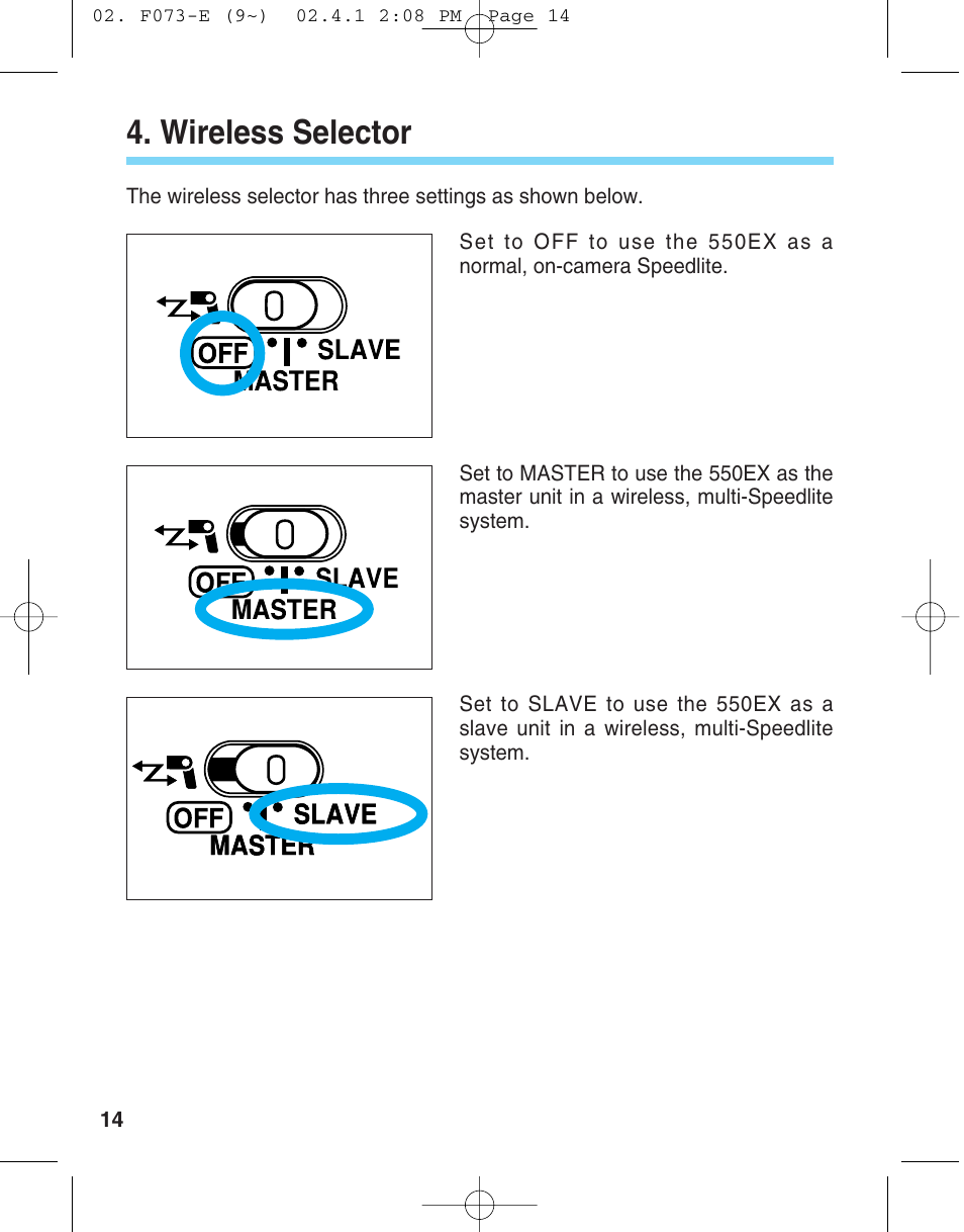 Wireless selector | Canon 550 EX User Manual | Page 14 / 128