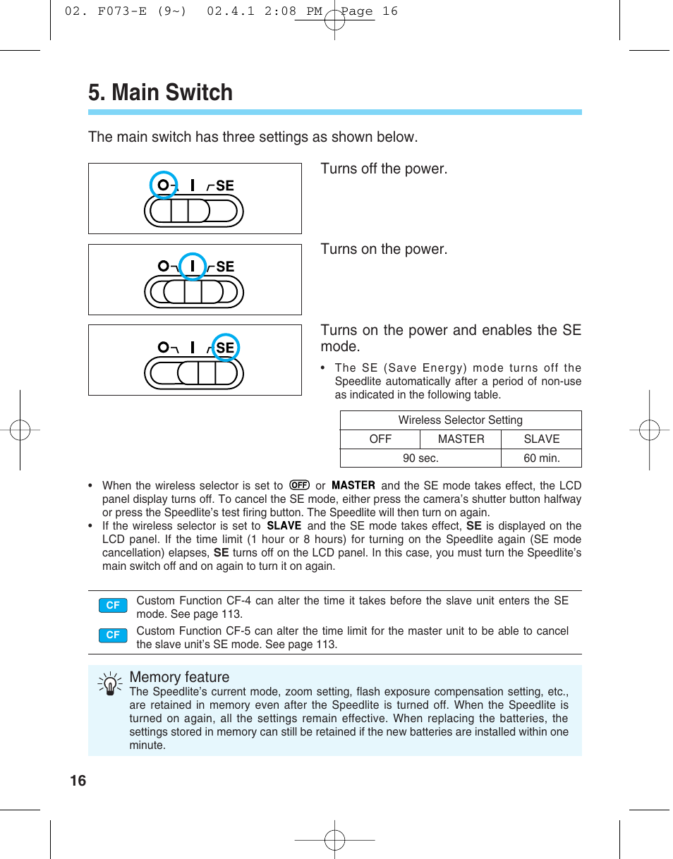 Main switch | Canon 550 EX User Manual | Page 16 / 128