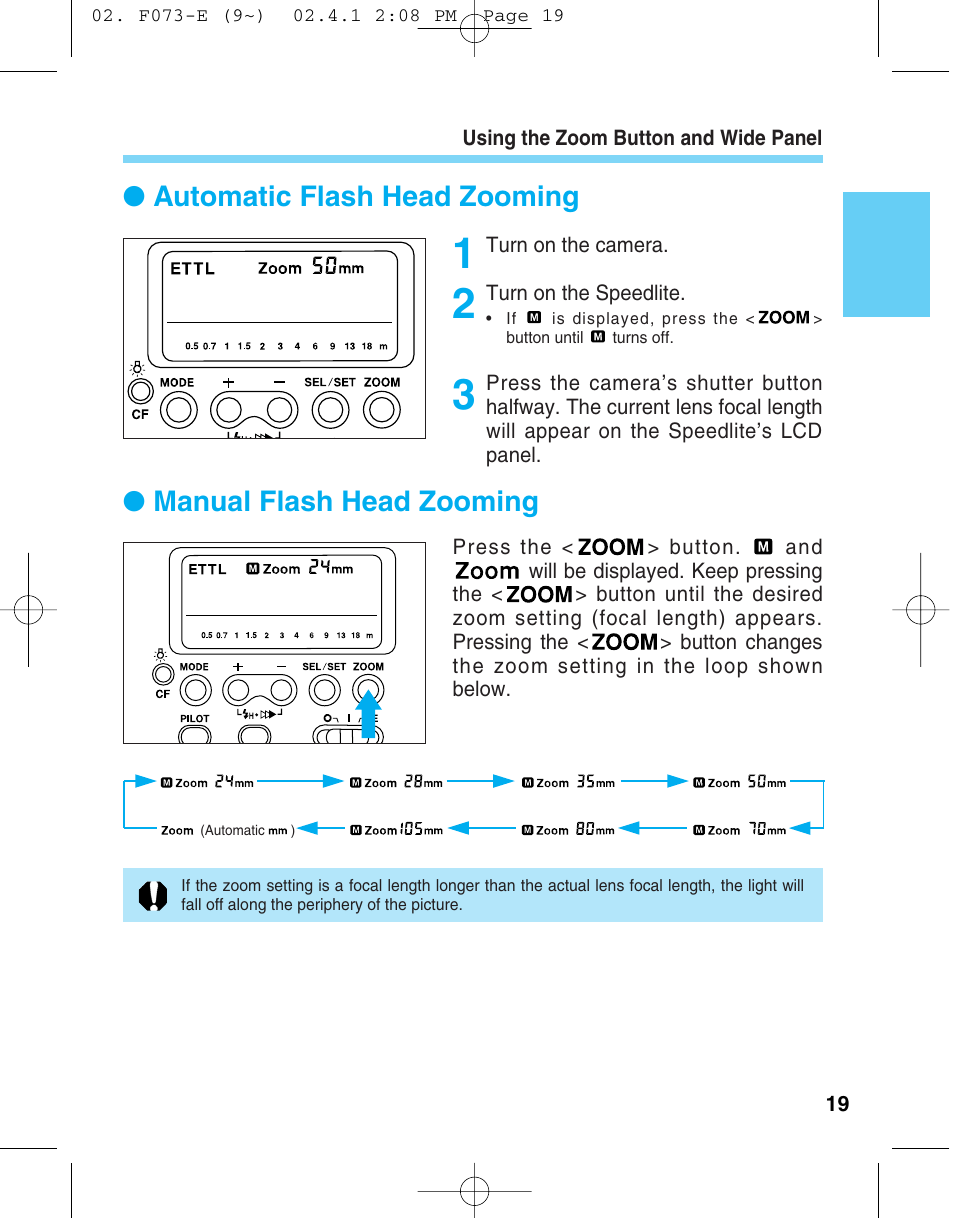 Automatic flash head zooming, Manual flash head zooming | Canon 550 EX User Manual | Page 19 / 128