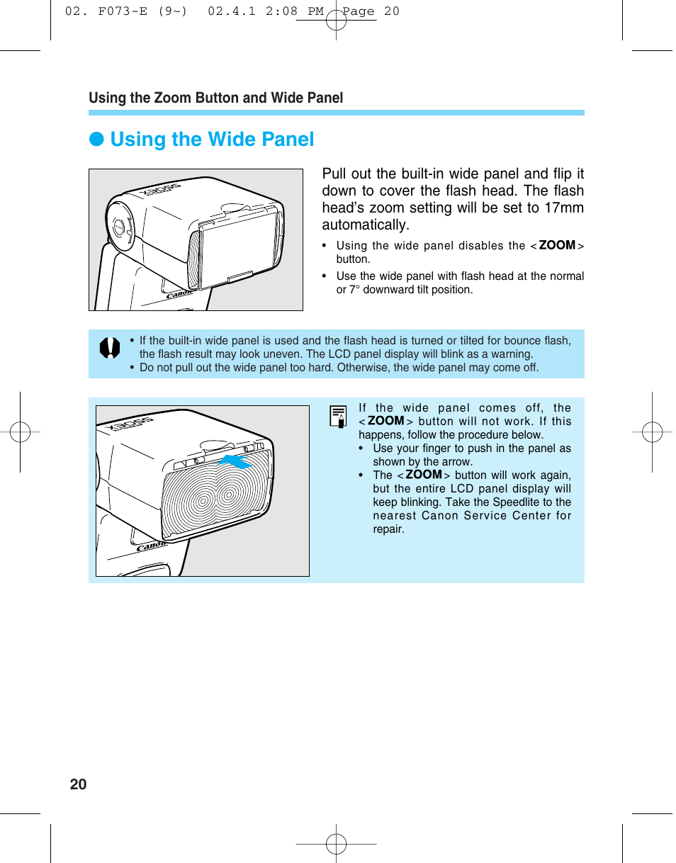 Using the wide panel, Using the zoom button and wide panel | Canon 550 EX User Manual | Page 20 / 128