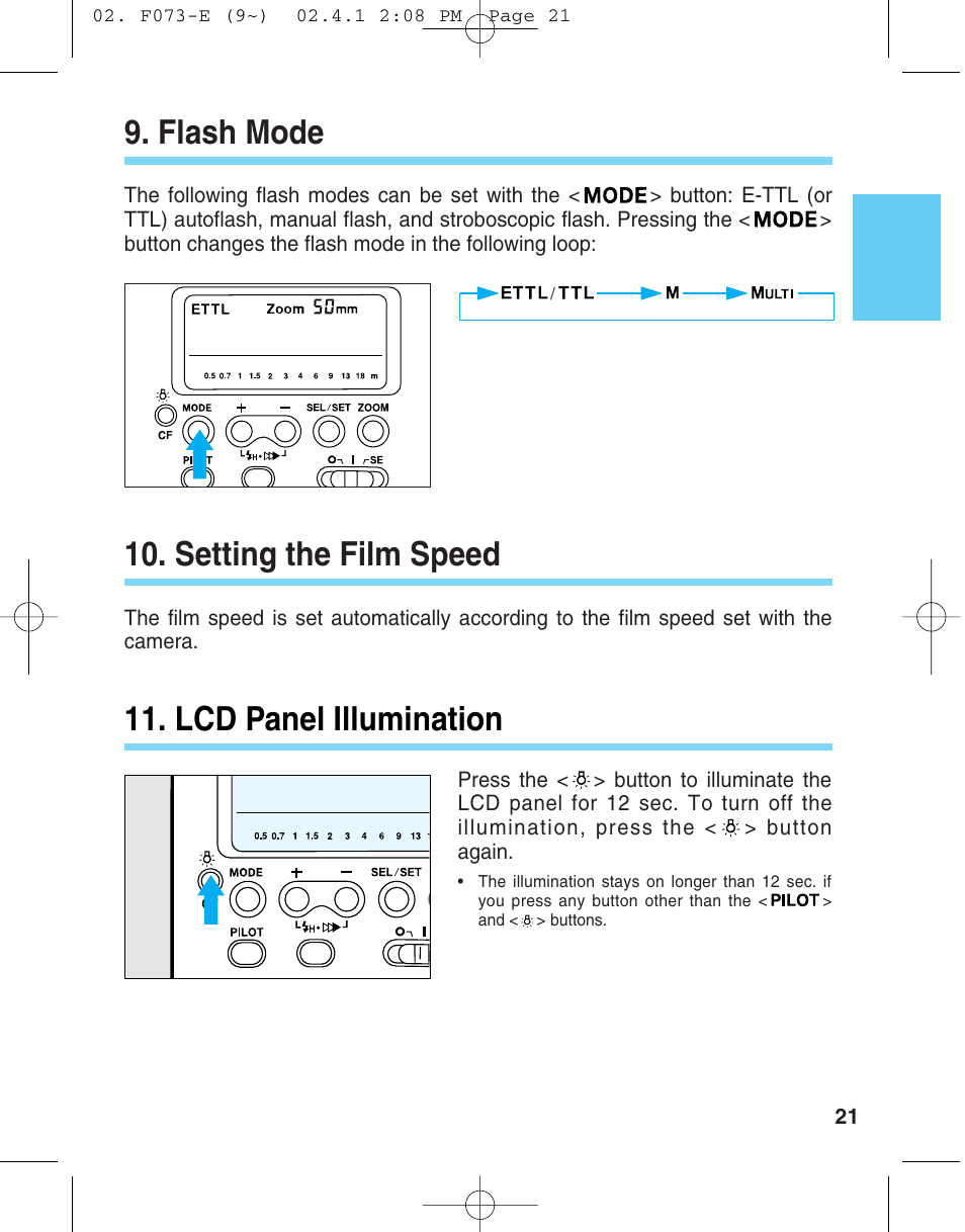 Flash mode, Setting the film speed 11. lcd panel illumination | Canon 550 EX User Manual | Page 21 / 128