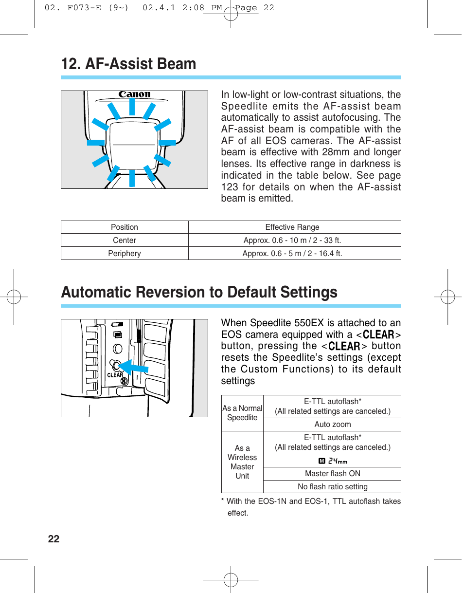 Af-assist beam, Automatic reversion to default settings | Canon 550 EX User Manual | Page 22 / 128