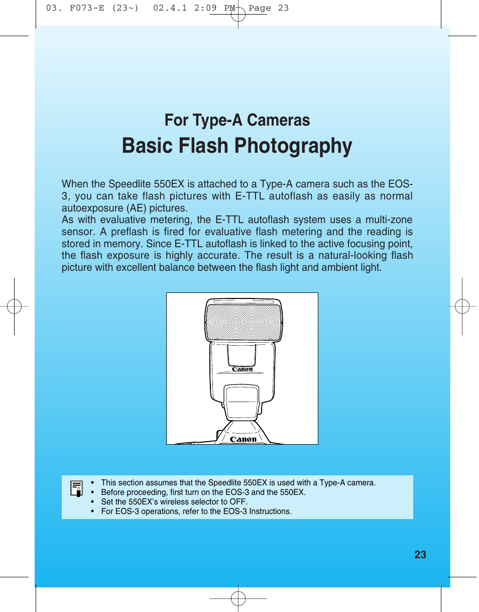 For type a cameras, Basic flash photography, For type-a cameras | Canon 550 EX User Manual | Page 23 / 128