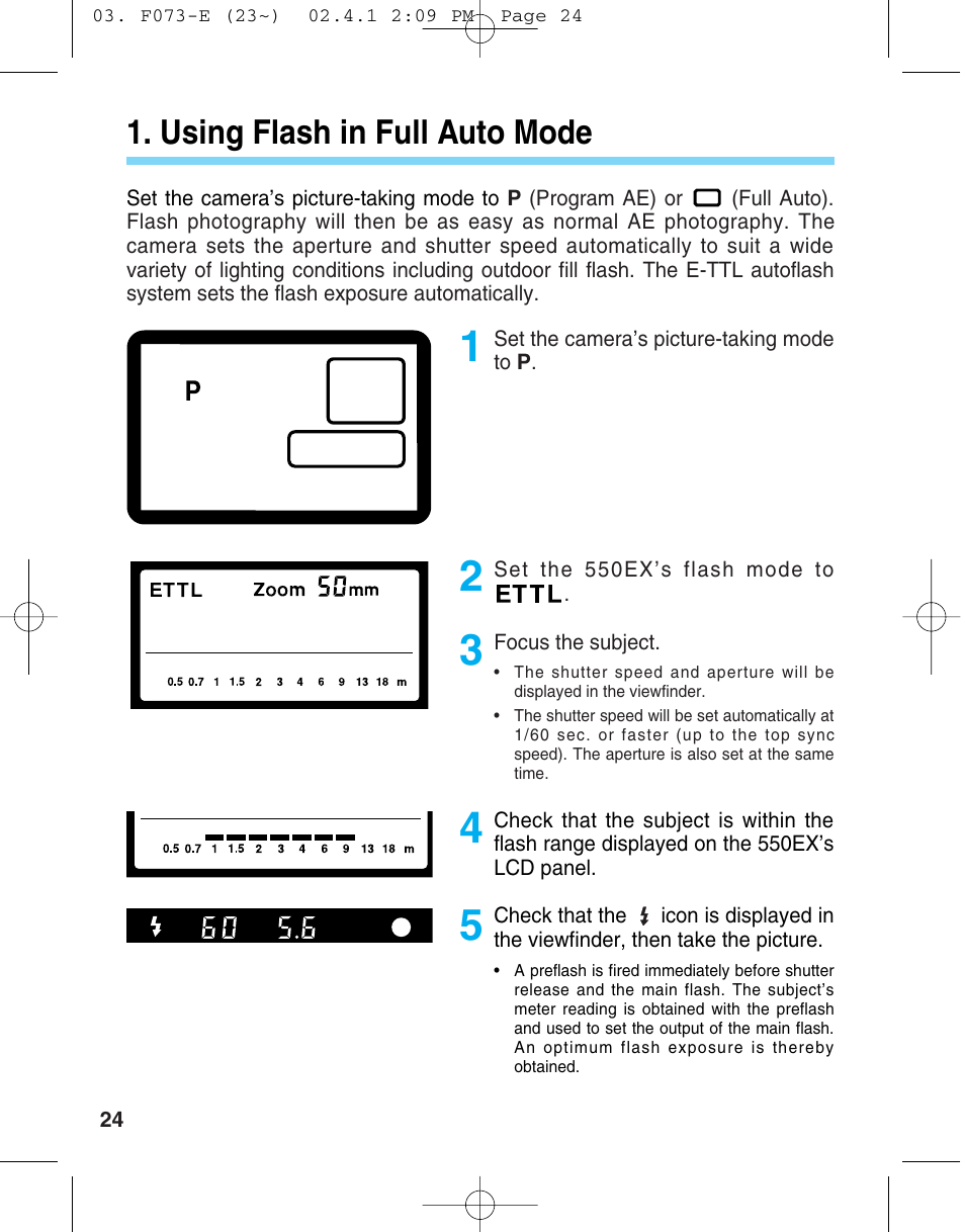 Using flash in full auto mode | Canon 550 EX User Manual | Page 24 / 128