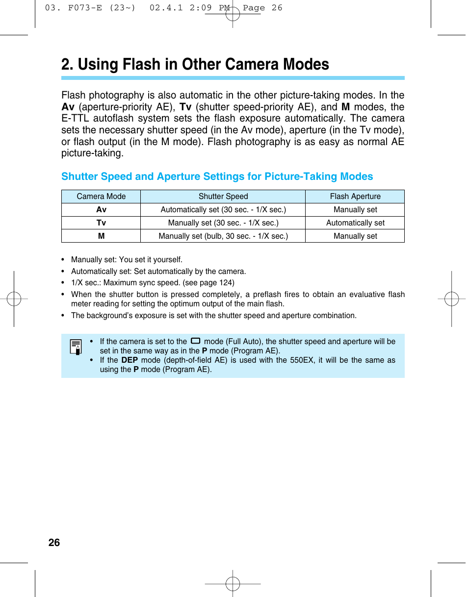 Using flash in other camera modes, Using flash in, Other camera modes | Canon 550 EX User Manual | Page 26 / 128