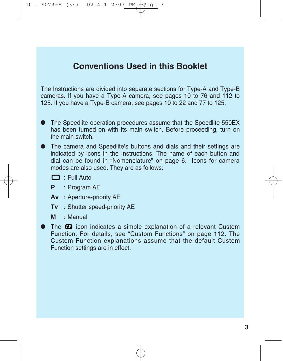 Conventions used in this booklet | Canon 550 EX User Manual | Page 3 / 128