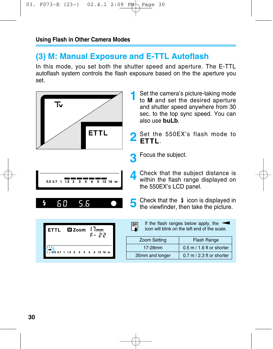 3) m: manual exposure and e-ttl autoflash | Canon 550 EX User Manual | Page 30 / 128