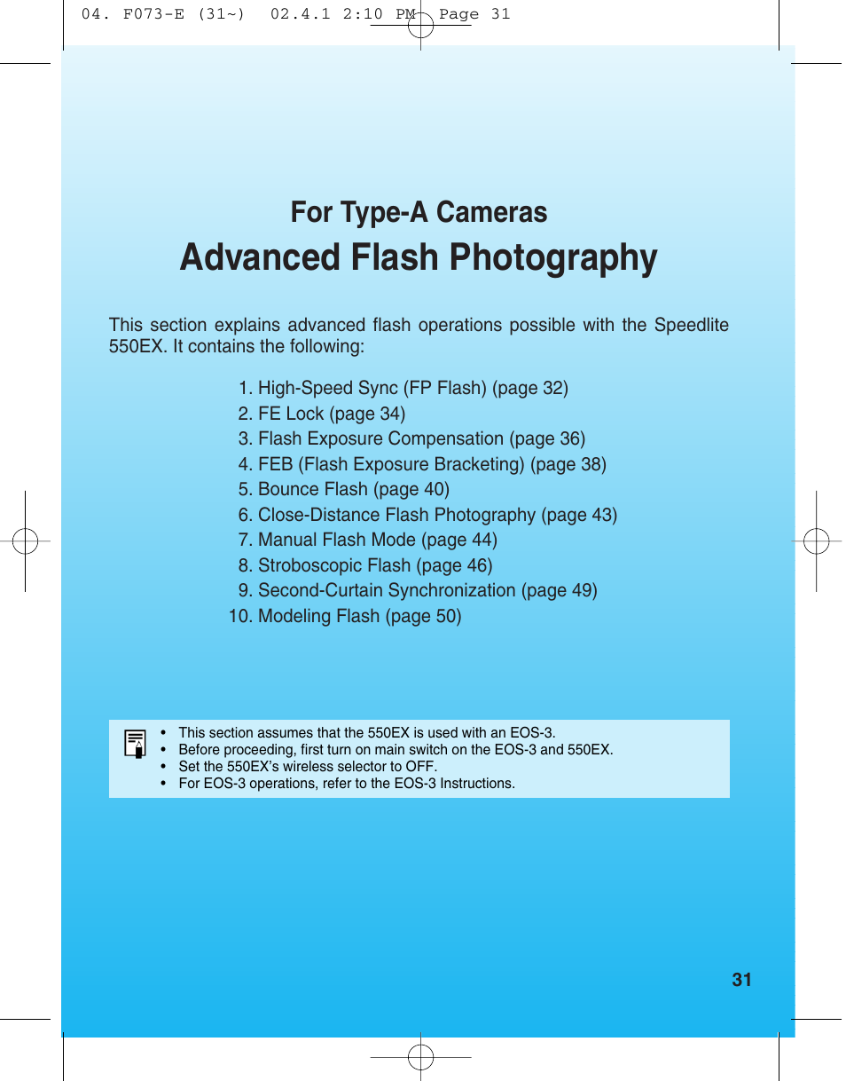 Advanced flash photography, For type-a cameras | Canon 550 EX User Manual | Page 31 / 128