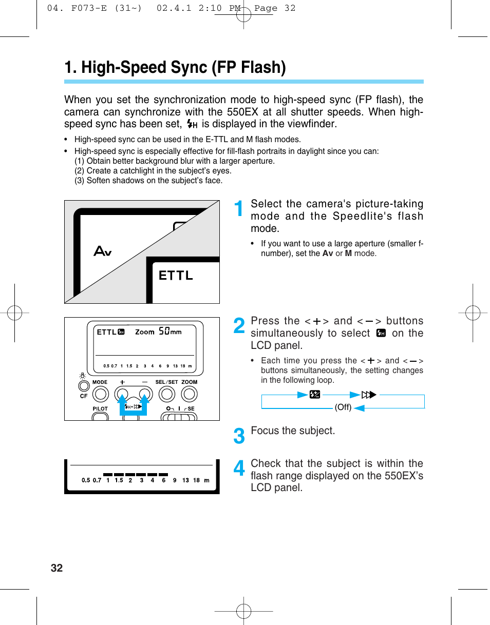 High-speed sync (fp flash), High-speed sync, Fp flash) | Canon 550 EX User Manual | Page 32 / 128