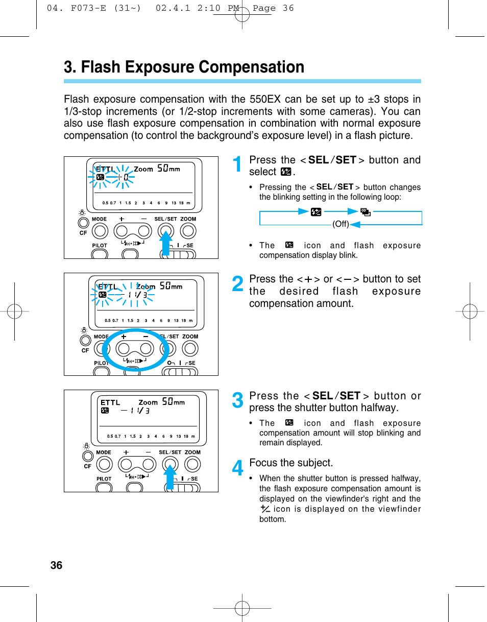 Flash exposure compensation, Flash exposure, Compensation | Canon 550 EX User Manual | Page 36 / 128